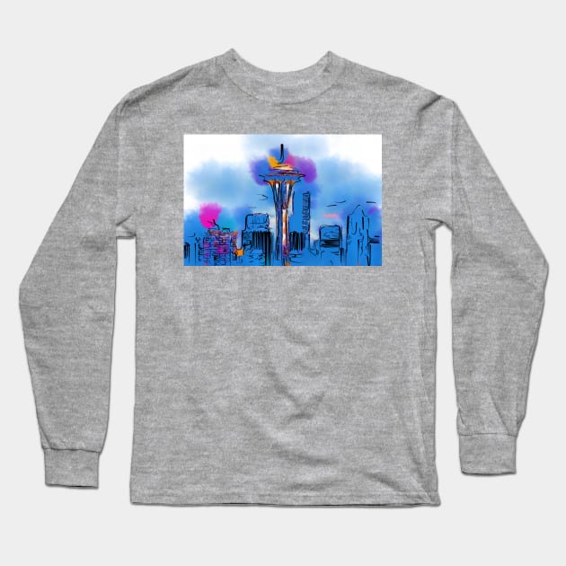 The Space Needle In Soft Abstract Long Sleeve T-Shirt by KirtTisdale